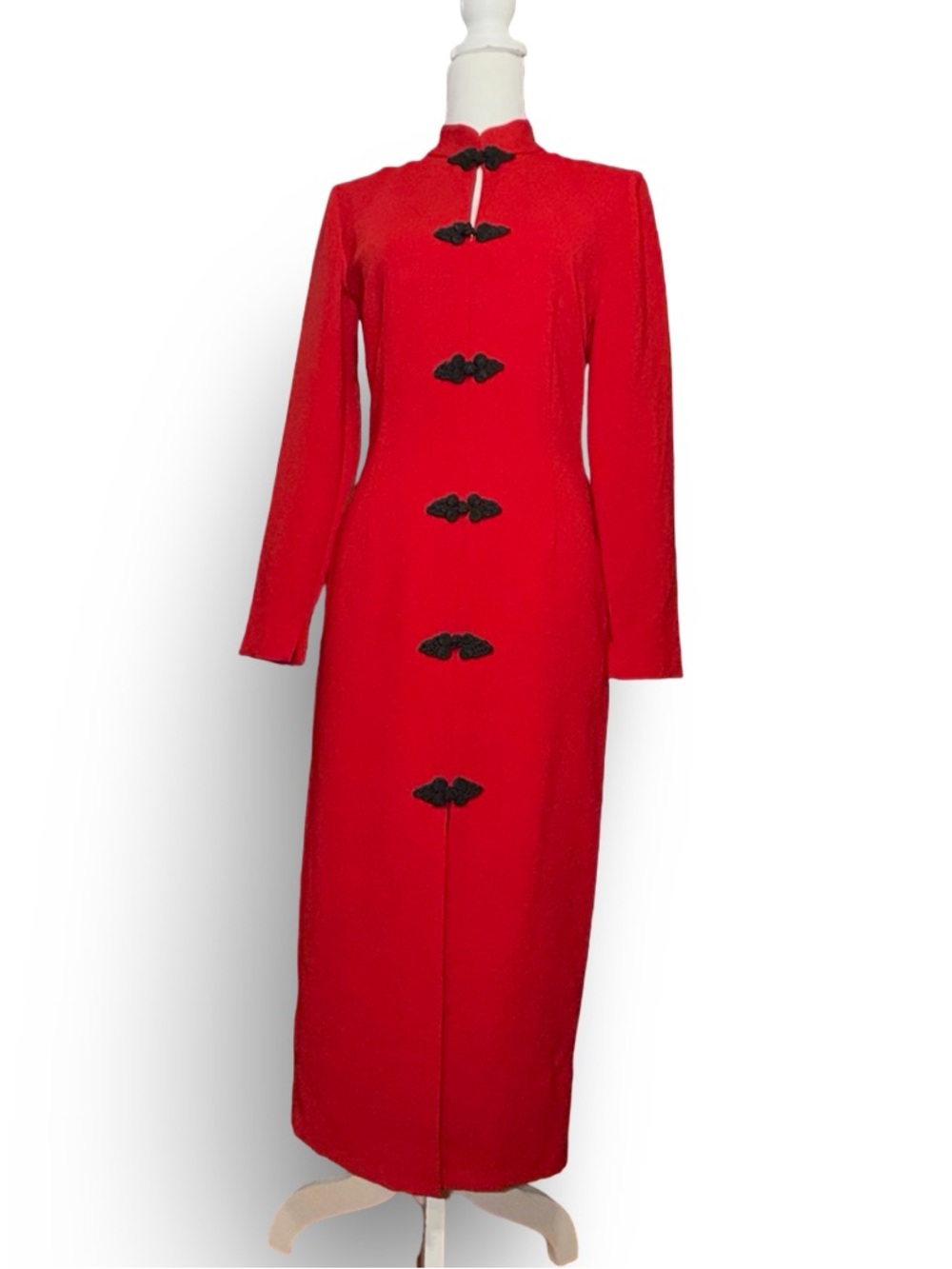 Zara Red Mandarin Collar Midi Dress with Frog Fasteners S - Picture 4 of 14
